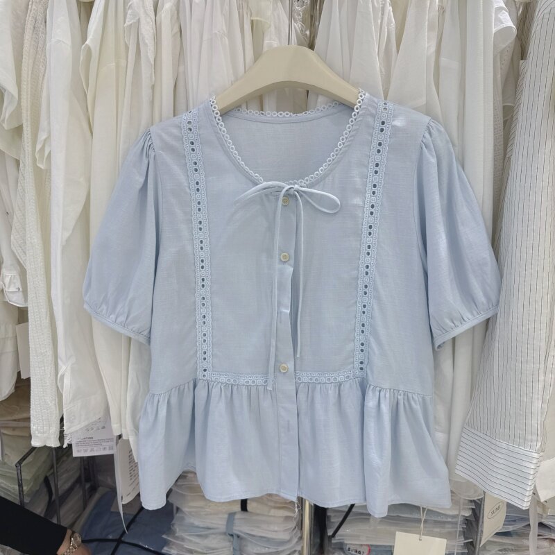 蓝色蕾丝花边短袖衬衫女夏2026新款系带蝴蝶结甜美宽松短上衣9128