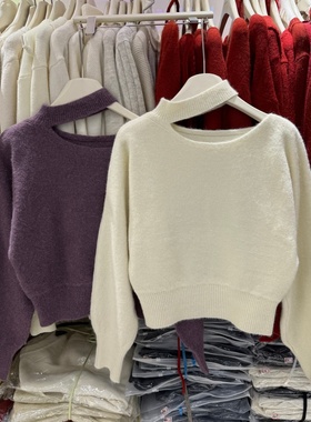 韩系温柔气质挂脖镂空洋气长袖套头针织衫女冬季加厚短毛衣90673