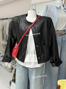 甜酷风皮衣短外套女春新款韩系圆领单排扣宽松百搭软皮上衣10503