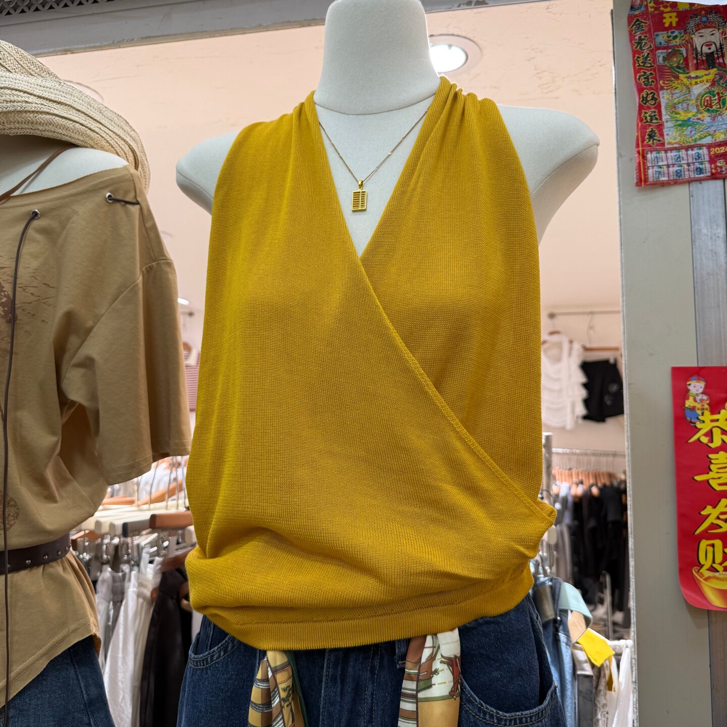南瓜桔交叉挂脖V领无袖针织背心女夏季宽肩吊带露背小衫上衣8209
