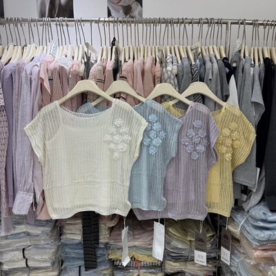 圆领立体花朵镂空设计薄款宽松休闲短款针织衫女春夏百搭上衣5068