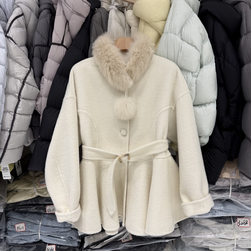 法式气质高级感狐狸毛领修身显瘦双面羊绒外套女秋冬短款大衣2836