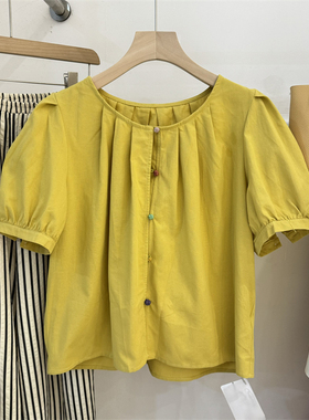 法式高级感棉麻短袖衬衫女小众设计感彩色扣子短款通勤衬衣08155