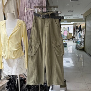 宽松直筒长裤 美式 女高腰阔腿裤 牛仔裤 90031 复古辣妹风多口袋工装