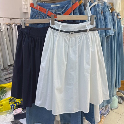 小个子中长半身裙女韩系学院风白色A字高腰伞裙显瘦百搭中裙26131