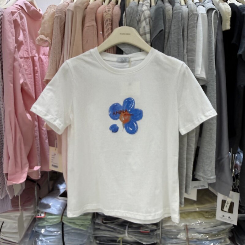 白色正肩短袖T恤女纯棉2026新款圆领宽松打底衫花朵印花上衣88680