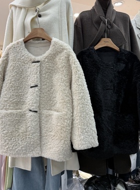 韩版宽松休闲中长毛毛外套女圆领百搭高级感皮毛一体秋冬大衣9801