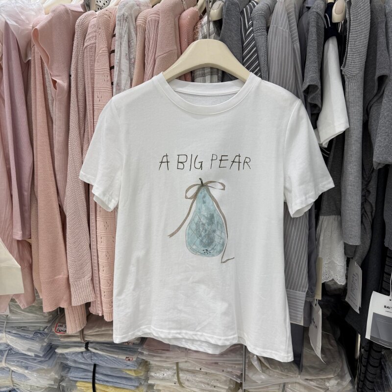 小清新白色短袖T恤女夏纯棉打底衫雪梨字母印花宽松百搭休闲上衣