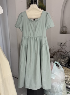 韩系气质方领泡泡袖连衣裙女夏季宽松显瘦小个子休闲中长裙39175