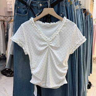 26312 波点短袖 甜美少女感木耳边T恤女夏季 纯欲芭蕾风上衣气质修身