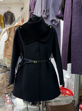 法式赫本气质双面羊绒大衣女圆领金扣配围巾显瘦百搭中长外套8973