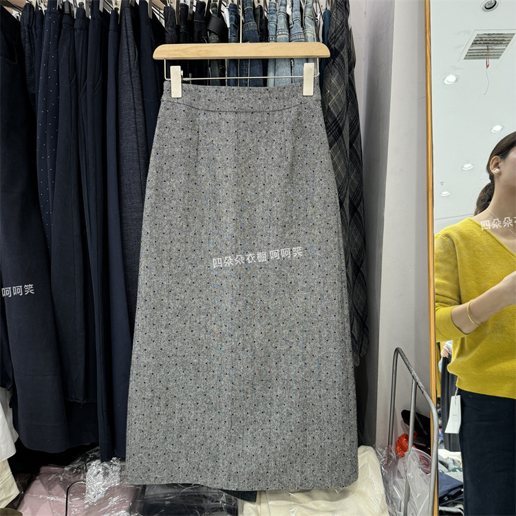 韩系复古呢料波点半身裙女秋冬百搭高腰A字包臀显瘦中长款裙子112