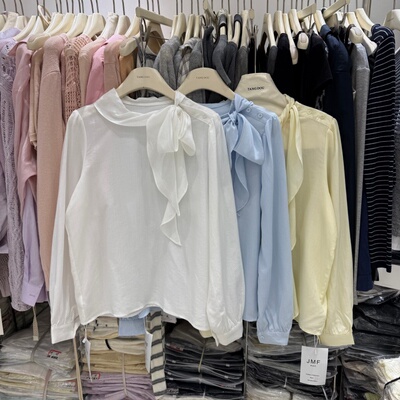 法式气质高级感飘带长袖衬衫女温柔纯色通勤套头休闲衬衣上衣3913