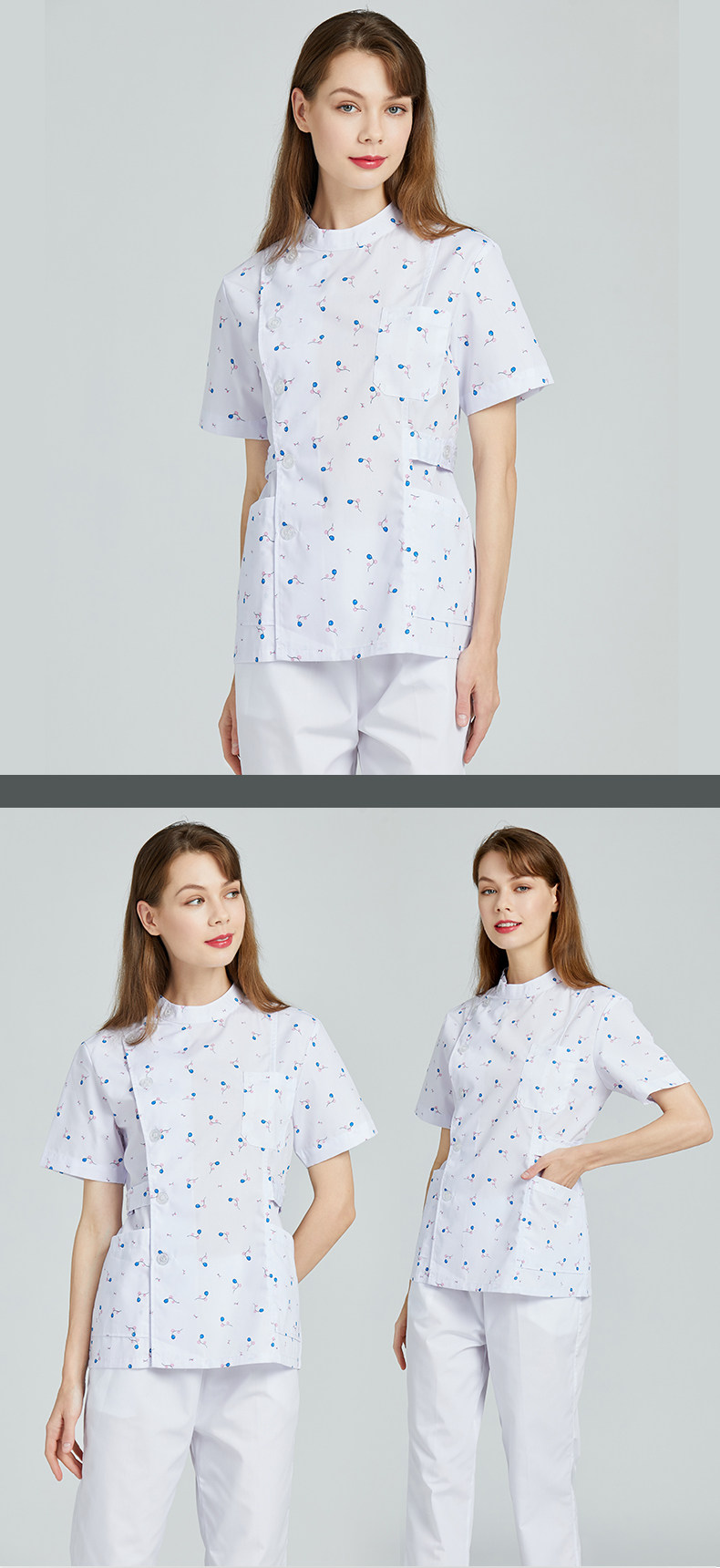 나이팅게일 의료 유니폼 간호사 유니폼 분할 세트 인쇄 간호 구강 병원 짧은 작업복 미용 유니폼