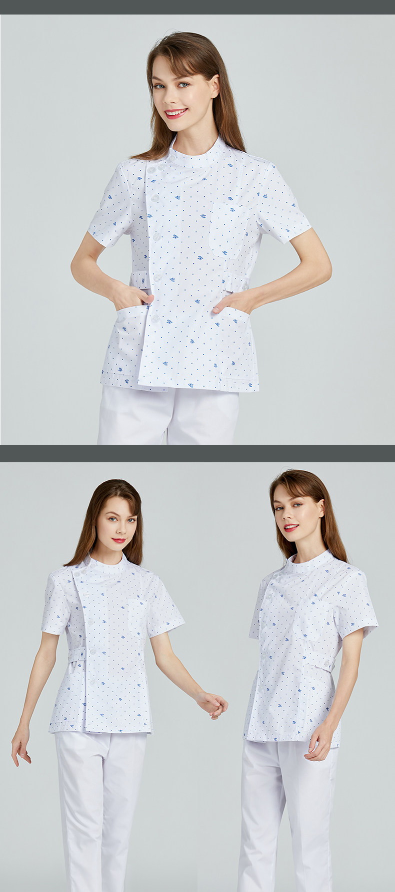 나이팅게일 의료 유니폼 간호사 유니폼 분할 세트 인쇄 간호 구강 병원 짧은 작업복 미용 유니폼