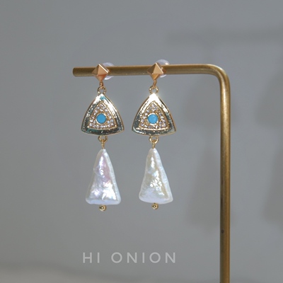 Hi Onion原创设计埃及风三角巴洛克珍珠耳钉复古耳夹小众个性耳环