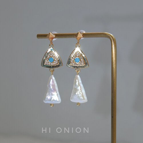 Hi Onion原创设计埃及风三角巴洛克珍珠耳钉复古耳夹小众个性耳环