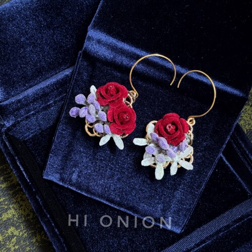 HiOnion玫瑰赞歌 花朵花卉耳环鲜艳酒红耳夹个性小众婚礼旅行耳饰