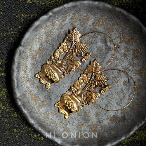 HiOnion国风中式金色花盆圆形耳环夸张个性小众耳夹复古艺术耳饰
