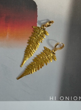 HiOnion复古夸张金色树叶耳扣耳夹个性做旧小众耳环