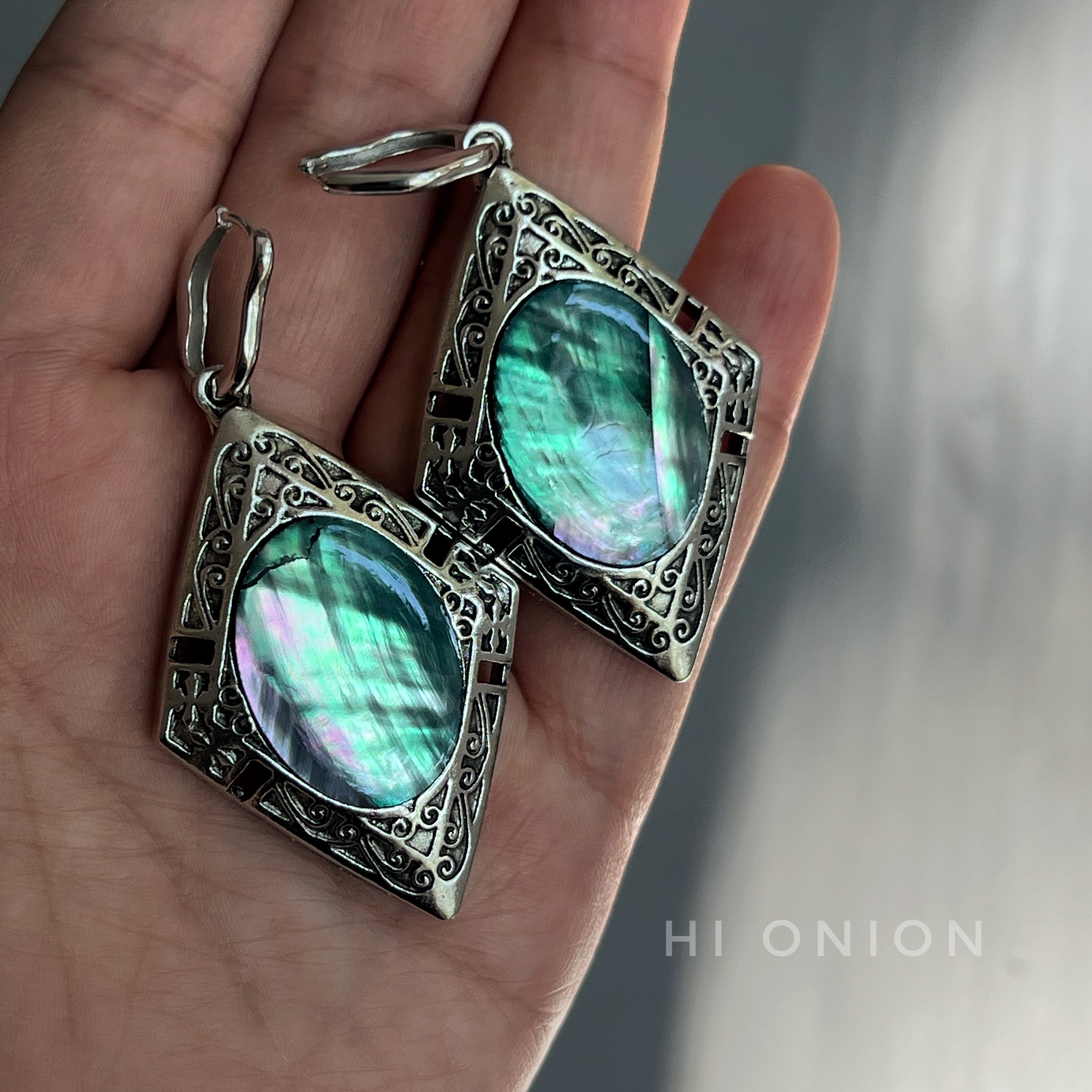 Hi Onion 原创《魔法石》小众纯银耳扣菱形夸张做旧复古耳挂个性