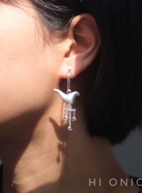 Hi Onion原创小众设计银色复古流苏锆石情侣耳夹耳扣个性超闪