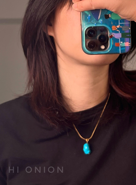 Hi Onion原创小众设计复古松石绿项链进口包金锁骨链个性男女高级