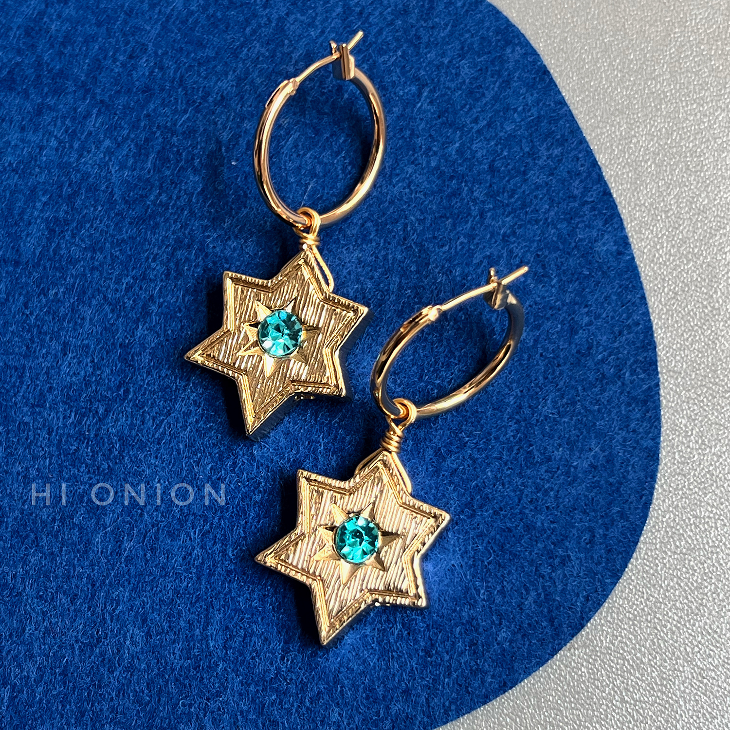 Hi Onion小王子 原创设计蓝六芒星耳环圆形耳夹个性男女耳扣高级