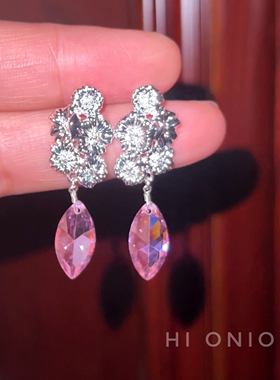 Hi Onion 小众设计银色花朵粉色锆石耳钉超闪个性耳夹高级穿搭