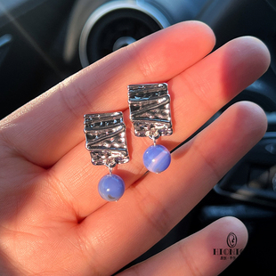 《海光颂》原创小众冷淡天然蓝玛瑙耳钉百搭个性无耳洞耳夹高级