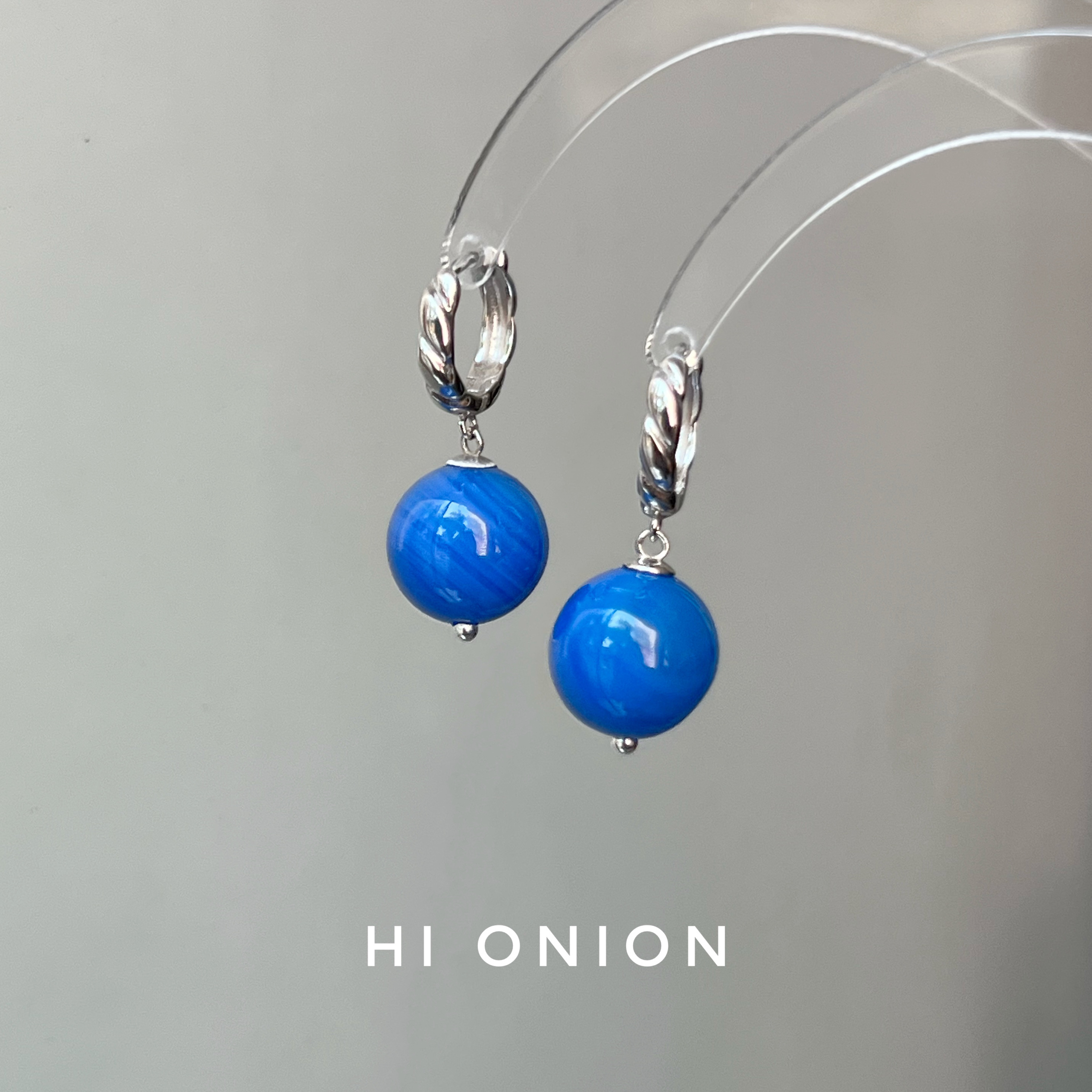 Hi Onion原创小众天然复古蓝玛瑙耳环S925银耳扣新中式男女耳夹