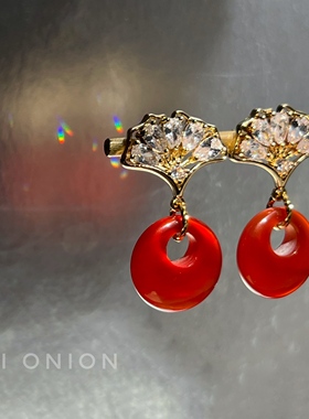 Hi Onion原创《秋天》小众设计红玛瑙超闪锆石耳钉耳夹新中式个性