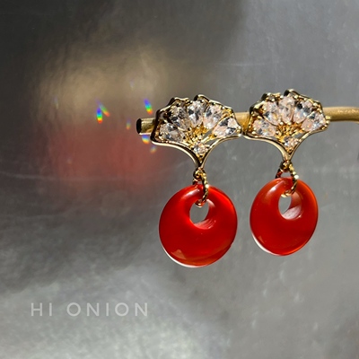 Hi Onion原创《秋天》小众设计红玛瑙超闪锆石耳钉耳夹新中式个性