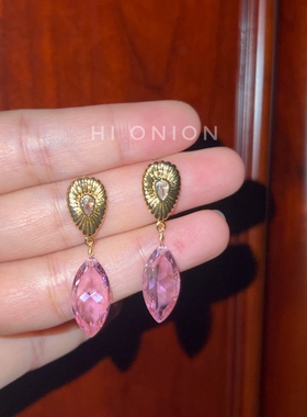 Hi Onion超闪粉色锆石镶钻耳钉 复古时髦百搭情侣耳夹