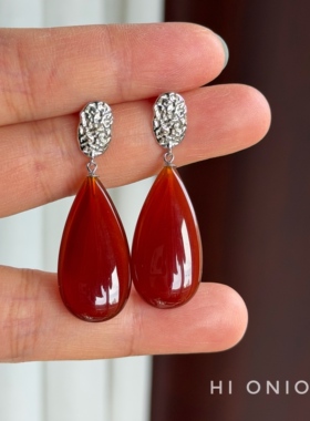 HiOnion原创小众设计复古红玛瑙水滴夸张S925银耳环耳夹个性耳饰