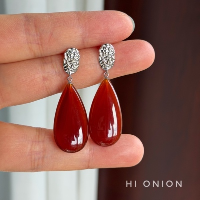 HiOnion原创小众设计复古红玛瑙水滴夸张S925银耳环耳夹个性耳饰