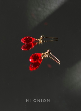 HiOnion 新年红色水滴耳钉耳夹新中式精致个性小众耳环高级喜庆