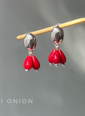 Hi Onion小众设计红色水滴耳环耳夹复古新中式个性显白耳饰新年
