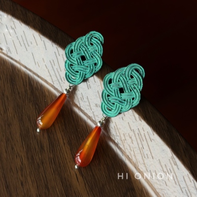 HiOnion 新中式玛瑙耳钉复古青铜色中国结耳夹个性小众耳环旗袍