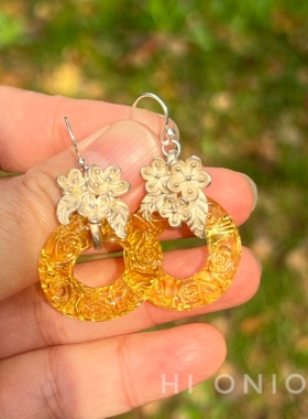 Hi Onion《桂》原创小众设计黄色复古做旧银耳环民族风耳夹个性