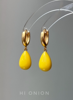 Hi Onion原创设计小众柠檬黄水滴耳环耳夹耳扣彩色适合夏天
