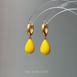 Hi Onion原创设计小众柠檬黄水滴耳环耳夹耳扣彩色适合夏天