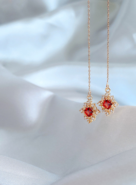 Hi Onion原创杜鹃花与酒小众长款红色耳线无耳洞耳夹复古精致百搭