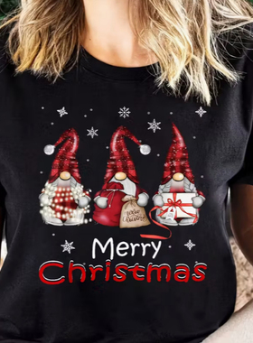 Christmas T shirt 新款圣诞节黑色T恤卡通圣诞老人印花男女上衣