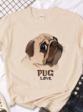 Pug Love T shirt 新款可爱卡通八哥犬斗牛犬印花T恤短袖女上衣