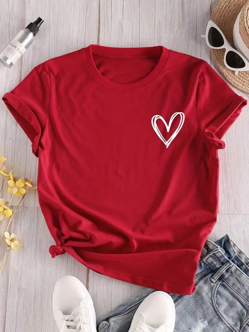Heart T shirt 夏季女装小清新红色T恤小爱心印花百搭打底衫潮