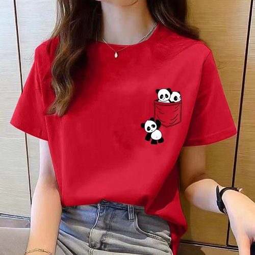 Cute Panda T shirt 卡通可爱熊猫假口袋印花女士圆领短袖T恤衫