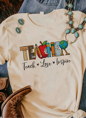 Teacher T shirt 新款老师教师印花短袖T恤卡其色圆领宽松上衣服