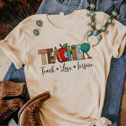 Teacher T shirt 新款老师教师印花短袖T恤卡其色圆领宽松上衣服