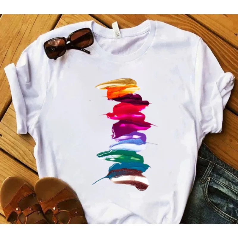 Nail Polish T shirt 欧美时尚个性指甲油印花休闲女士T恤打底衫